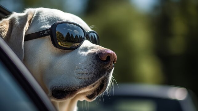 A dog in sunglasses sits in a car, sunny day. Generative AI