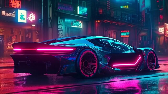 Generative AI, a futuristic sports automobile in a neon city, and a cyberpunk notion