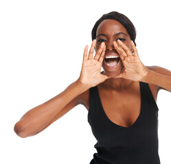 Shouting, hands and mockup with portrait of black woman for marketing, advertising and designer....