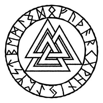 Valknut ancient Scandinavian symbol sign knot of fallen warriors, sign of Odin in a ring of runes. Vector illustration