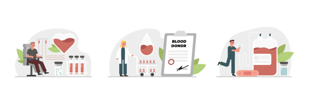 Blood donation. Set of pictures with characters about blood transfusion