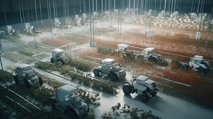 Modern digital technologies robots with intelligence take care of crops tomato in greenhouses. Generative AI.