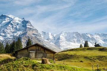 Fototapeta na wymiar Traditional alpine village in touristic valley Lauterbrunnen, Switzerland attraction