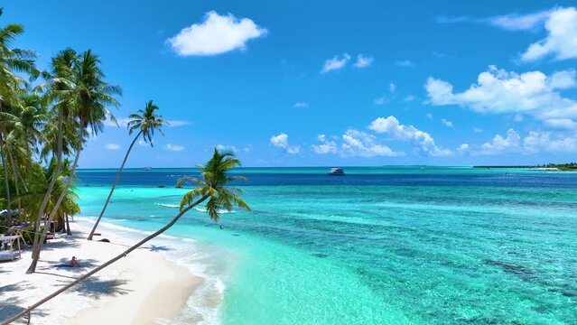 The summer tropical on the sandy beach and turquoise Tropical beach with blue sky background