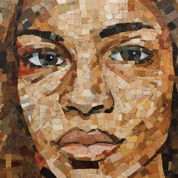 illustrazione di viso di donna in stile mosaico con diversi materiali , collage di diverse etnie, creato con intelligenza artificiale