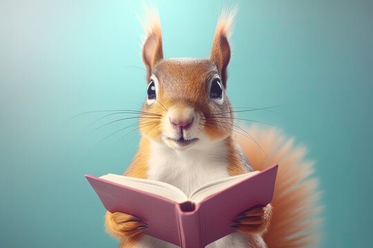 Squirrel Smiling Bookworm. Character Wearing Glasses And Reading A Book. Illustration Part Of Animals In Library Collection. Generative AI