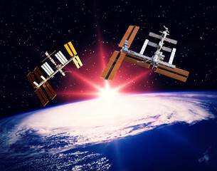 Spaceships above the beautiful earth. The elements of this image furnished by NASA.