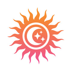 Sun icon logo with crescent moon and stars inside