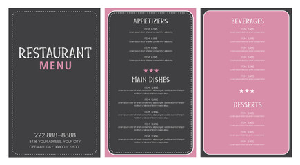 Restaurant menu design layout pink and dark grey