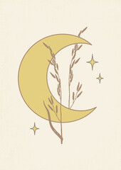 Young moon and meadow grass aesthetic poster. Mystical drawing, half moon Generative AI
