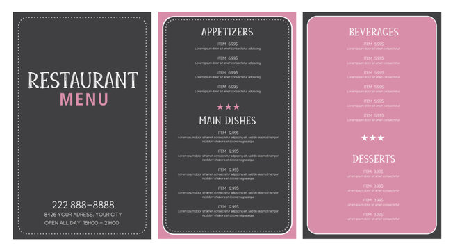 Restaurant menu design layout pink and dark grey