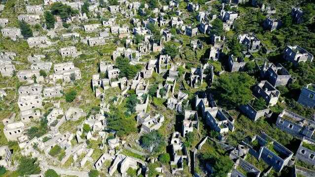 Kayak&ouml;y, One of the Most Beautiful Settlements in Fethiye. This Is a Greek Village Built on the Settlement of the Lycian Civilization. Drone Camera Soars Over Town.
