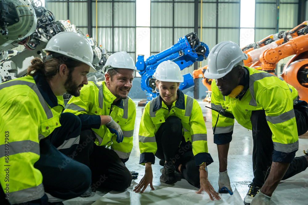 Aufkleber engineer in modern industrial factory checking and maintain industrial robot arm controller in produ