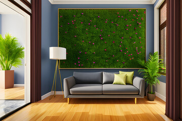 modern living room with sofa, simple interior and windows wit sunlight during spring and summer