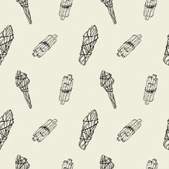 Smudge sticks. Spiritual rituals. Seamless pattern Illustration with sage,white sage, Palo Santo sacred plant, aromatherapy sticks, plants. Mystical hand-drawn background with aroma incense.