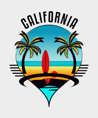 Summer t-shirt design, A surfboard with a surfboard and a palm tree on it.
