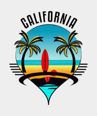 Fototapeta premium Summer t-shirt design, A surfboard with a surfboard and a palm tree on it. 