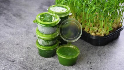 healthy food, superfood. wheatgrass and microgreens juice boxes