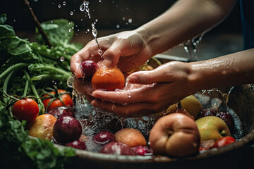 Generative Illustration AI of unrecognizable person's hands washing organic fruits and vegetables with water - obrazy, fototapety, plakaty