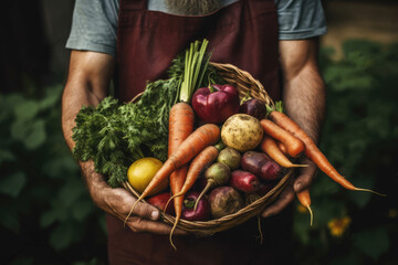 AI Generative Illustration of the hands of an unrecognizable farmer holding a box with organic vegetables and fruits