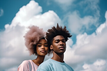AI Generative Illustration of a black couple feeling the sun and fresh air on their face with happiness gesture on sunny blue sky background