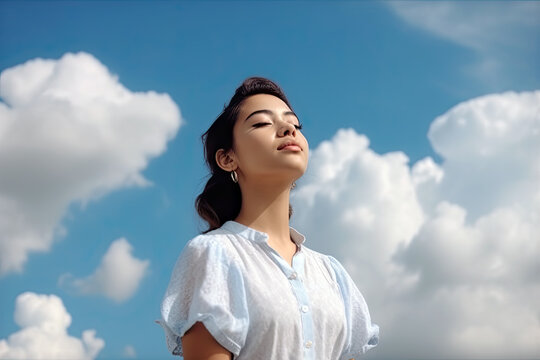AI Generative Illustration of a young woman feeling the sun and fresh air on her face with happiness gesture on sky background