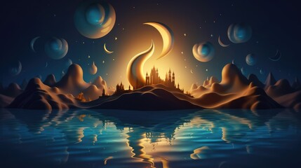 Obraz na płótnie Canvas Illustration of Ramadan Kareem Background with Mosque and Moon at Night