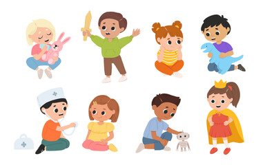 Children, kids play together having fun, fooling around in fine good mood, on playroom, playground. Preschool kids have fun. Children's activity in the kinder garden, primary school.