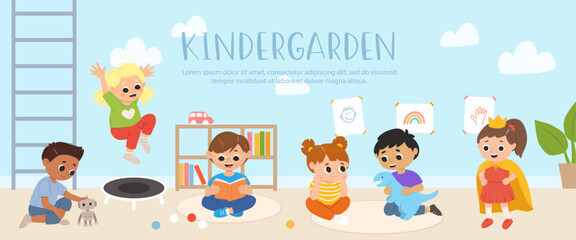 Kids play toys and games, reading books together in kindergarden. Cartoon playroom with multiracial children.