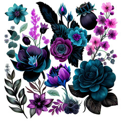 Black, pink, tosca and blue flowers clipart with copy space and leaves isolated on clear background for object and retouch design. Generative AI.