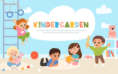 Kids playing toys and games, reading books together in kindergarden. Cartoon playroom with children.