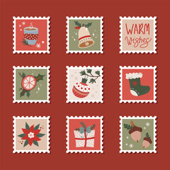 Hand drawn collection of christmas postage stamps in retro style