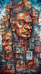depicting a person with colorful cityscapes