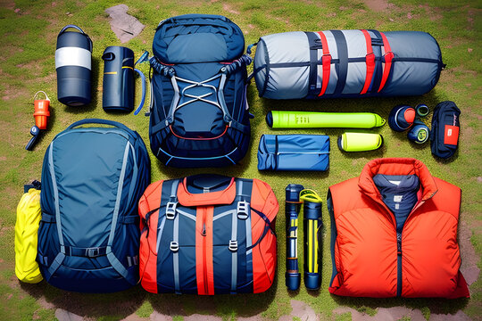 vacation backpack and hiking equipment on grass for relax camping and picnic in summer and spring