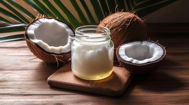 Coconut oil in a jar and fresh coconuts on wooden table, Generative AI