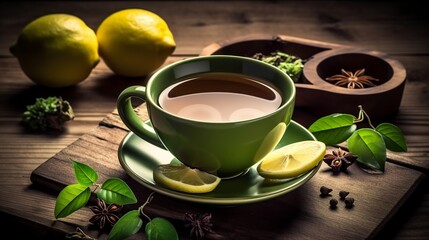 Obraz na płótnie Canvas Cup of green tea with fresh lemon, Generative AI