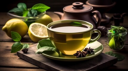 Obraz na płótnie Canvas Cup of green tea with fresh lemon, Generative AI
