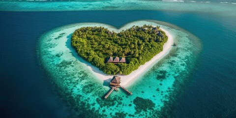 AI Generated. AI Generative. Aerial drone photo realistic illustration of island in heart shape. Paradise adventure vacation tropical vibe. Graphic Art