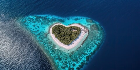 AI Generated. AI Generative. Aerial drone photo realistic illustration of island in heart shape. Paradise adventure vacation tropical vibe. Graphic Art - obrazy, fototapety, plakaty