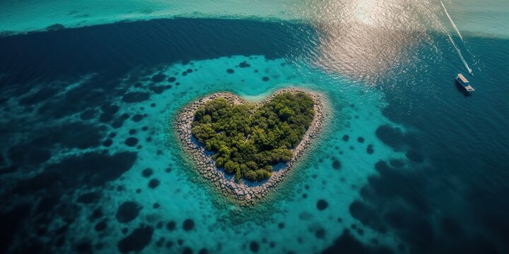 AI Generated. AI Generative. Aerial drone photo realistic illustration of island in heart shape. Paradise adventure vacation tropical vibe. Graphic Art