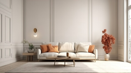 Blank wall mockup in farmhouse living room interior, 3d render. Generative Ai