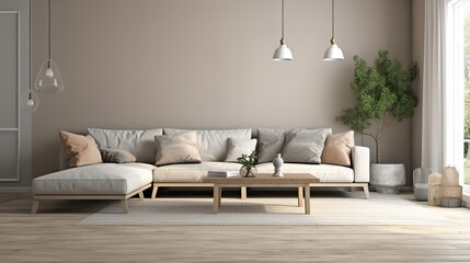 Blank wall mockup in farmhouse living room interior, 3d render. Generative Ai