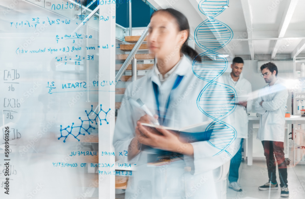 Poster busy advancing the world through science. scientists working in a lab.