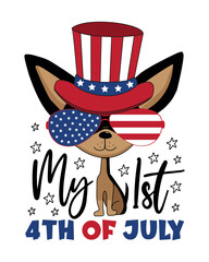 My first 4th of July - cartoon chihuahua dog in uncle sam hat and sunglasses and with fireworks. Good for baby clothes, poster, greeting cad, label and other decoration.