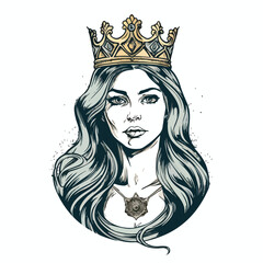 Vector illustration of beautiful princess portrait with luxury royal crown vintage tattoo line art monochrome design