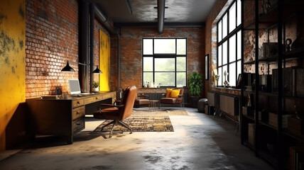 Office interior in loft, industrial style. Generative Ai