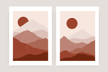 Abstract mountain landscape posters. Contemporary nature sun moon art print, boho minimalist wall decor. Vector set Generative AI