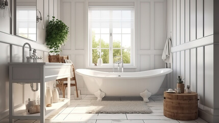 Minimal bathroom interior design with wooden furniture. Generative Ai