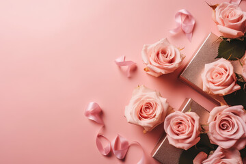 Pink Rose Delight. Pink roses, gifts, and hearts on a pink background with space for text. Romantic and celebratory concept. AI Generative