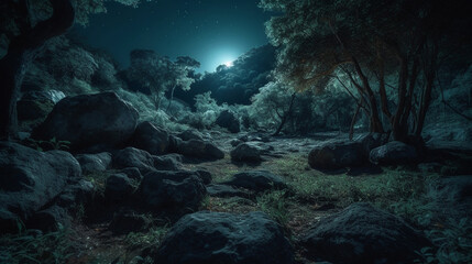Fototapeta na wymiar fantasy night with light moon. Generative AI